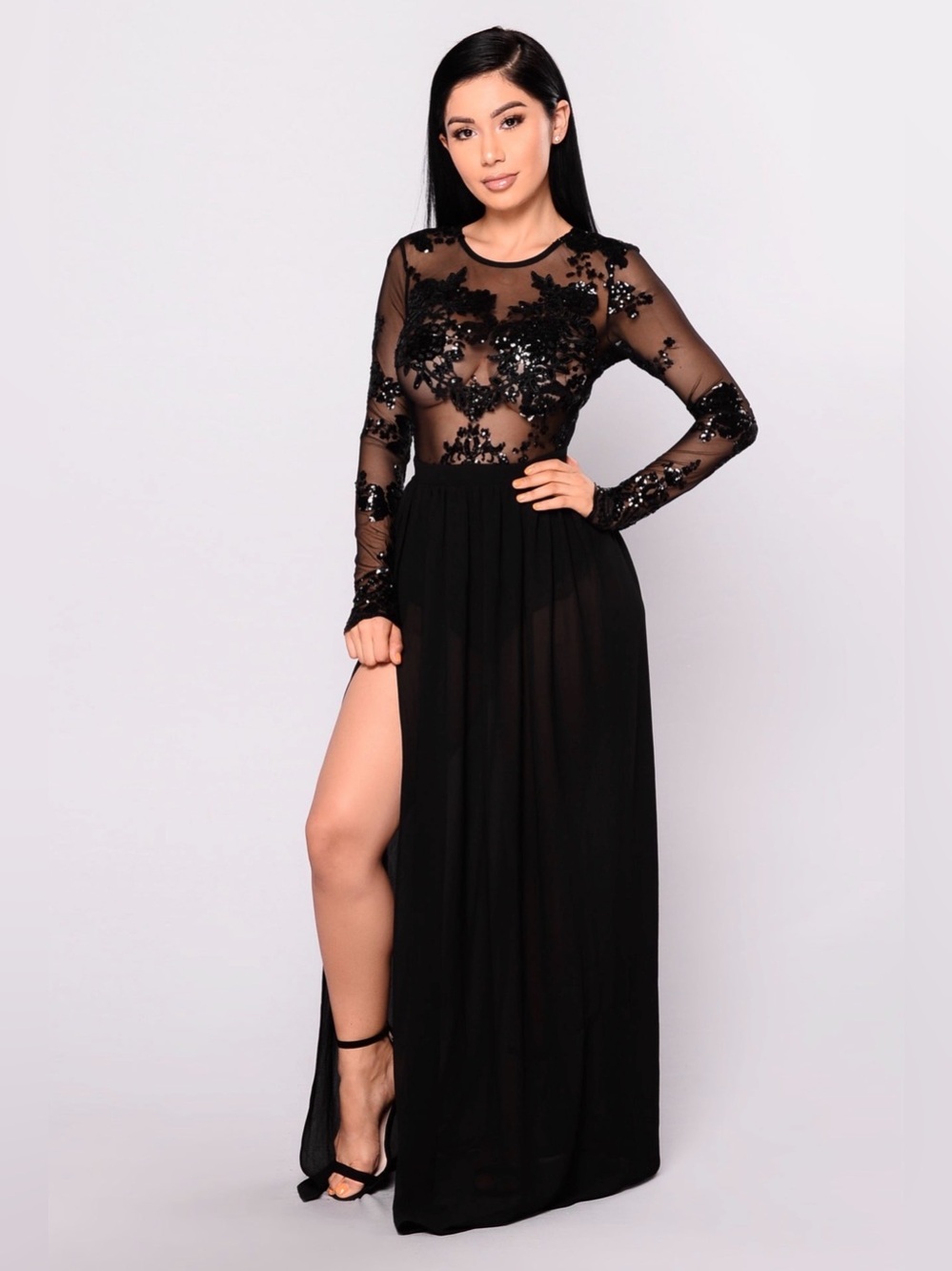 Fashion Nova Black Sheer Sequin Long Sleeve Gown with Side Slit
